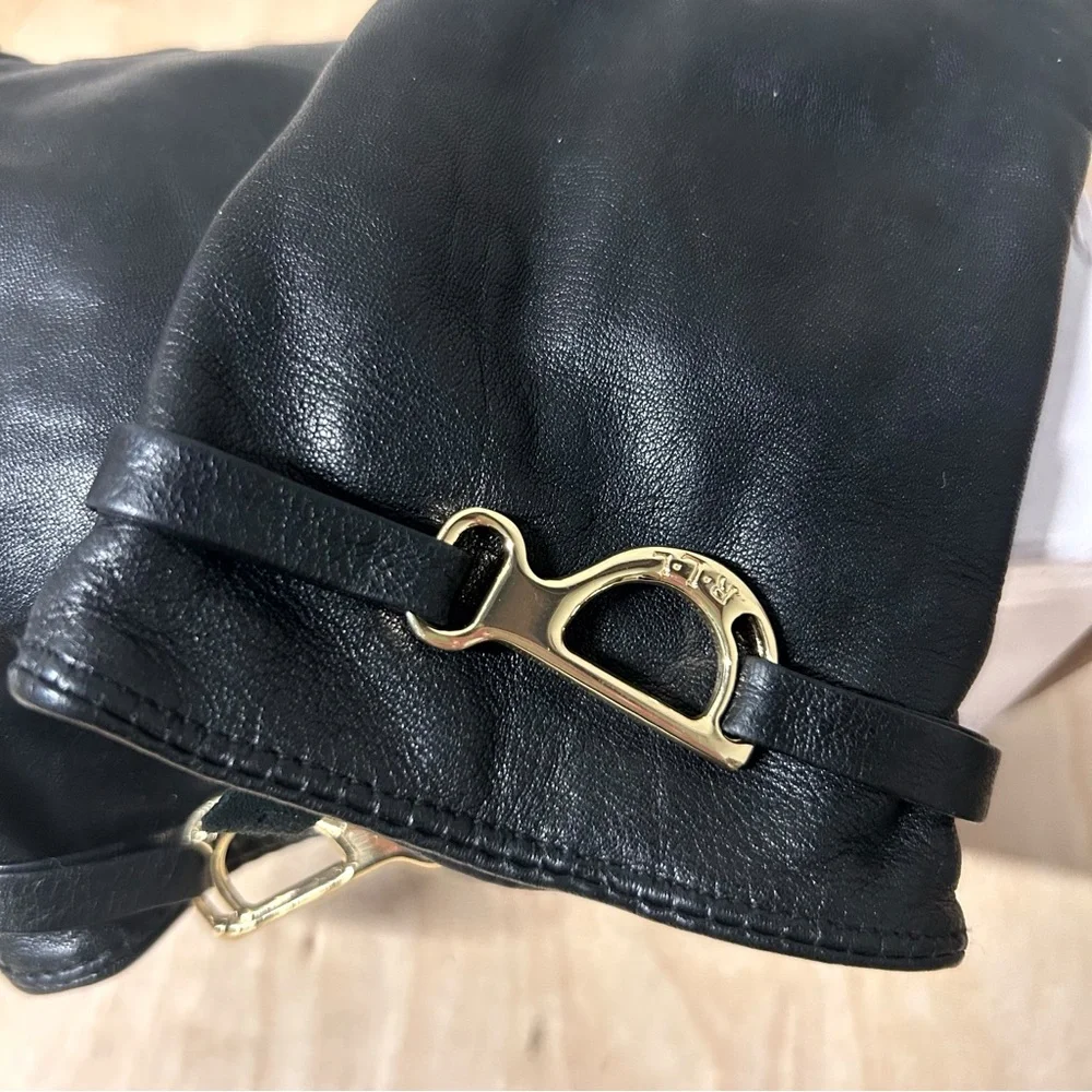 Lauren Ralph Lauren Bridle-Belt Black Leather Gloves with Gold Accents EUC Sz M
